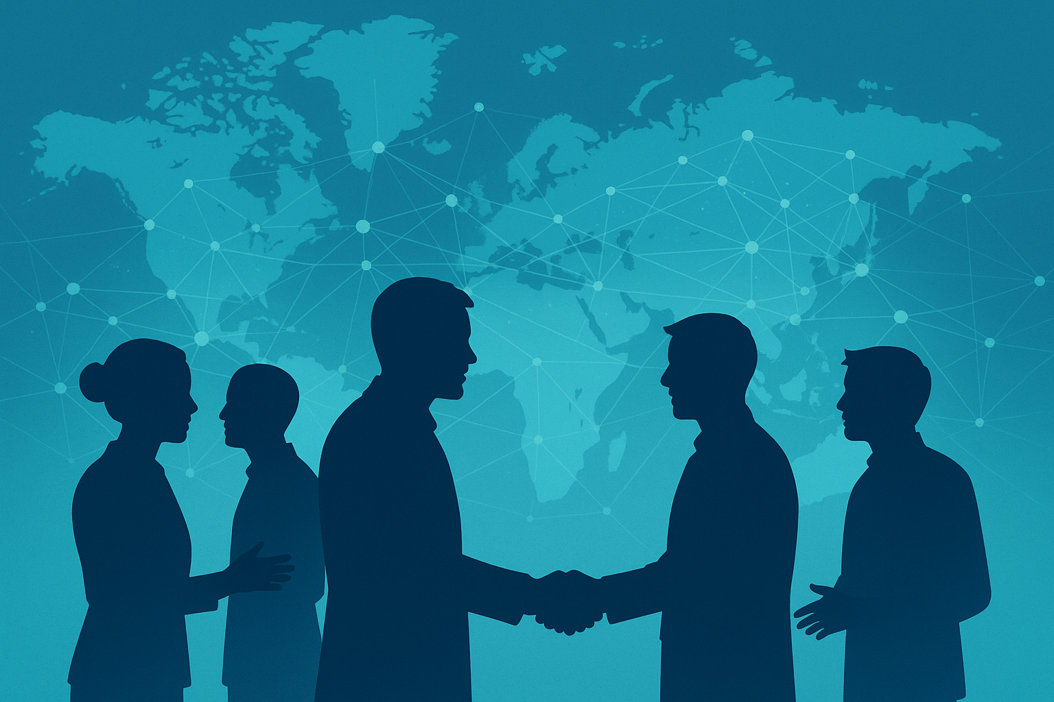 Illustration of professionals collaborating with global connectivity